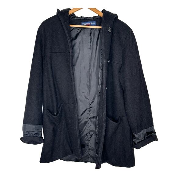 Herman Kay Womans L Luxury 100% Wool Car Coat Oversized Hooded Jacket Black - Picture 4 of 10
